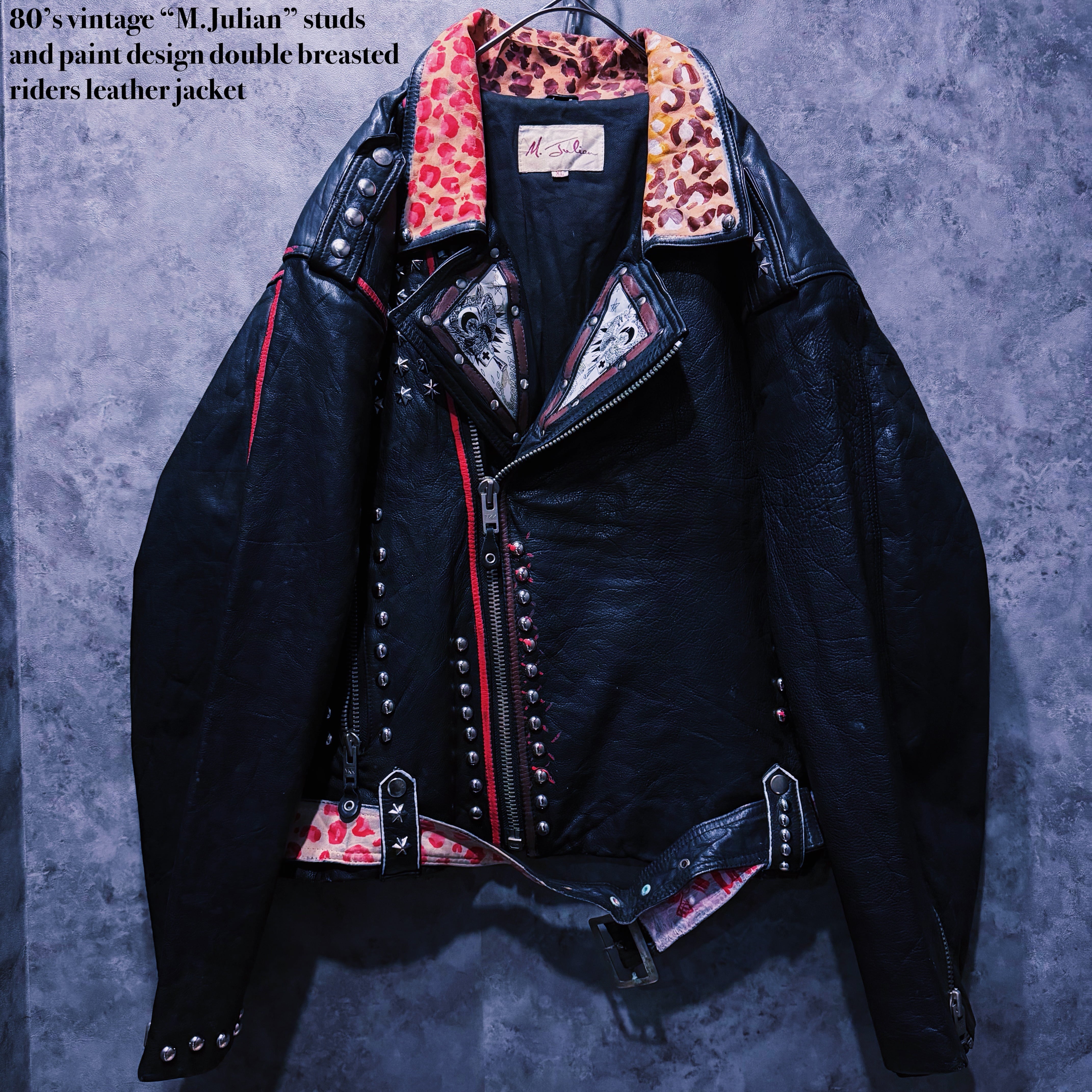 【doppio】80’s vintage “M.Julian” studs and paint design double breasted riders leather jacket