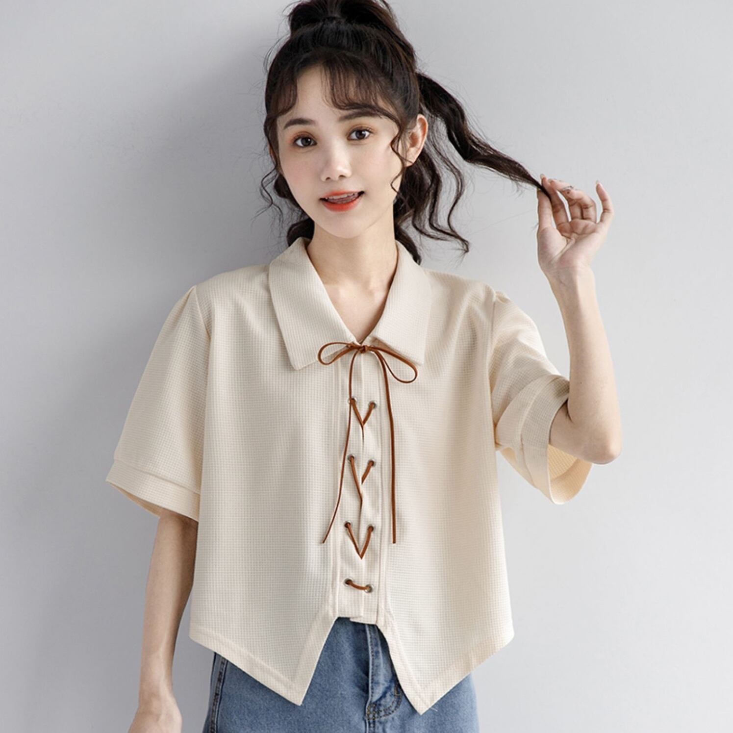 トップス シャツ ブラウス 袖付き 5分袖 襟なし ラウンドネック