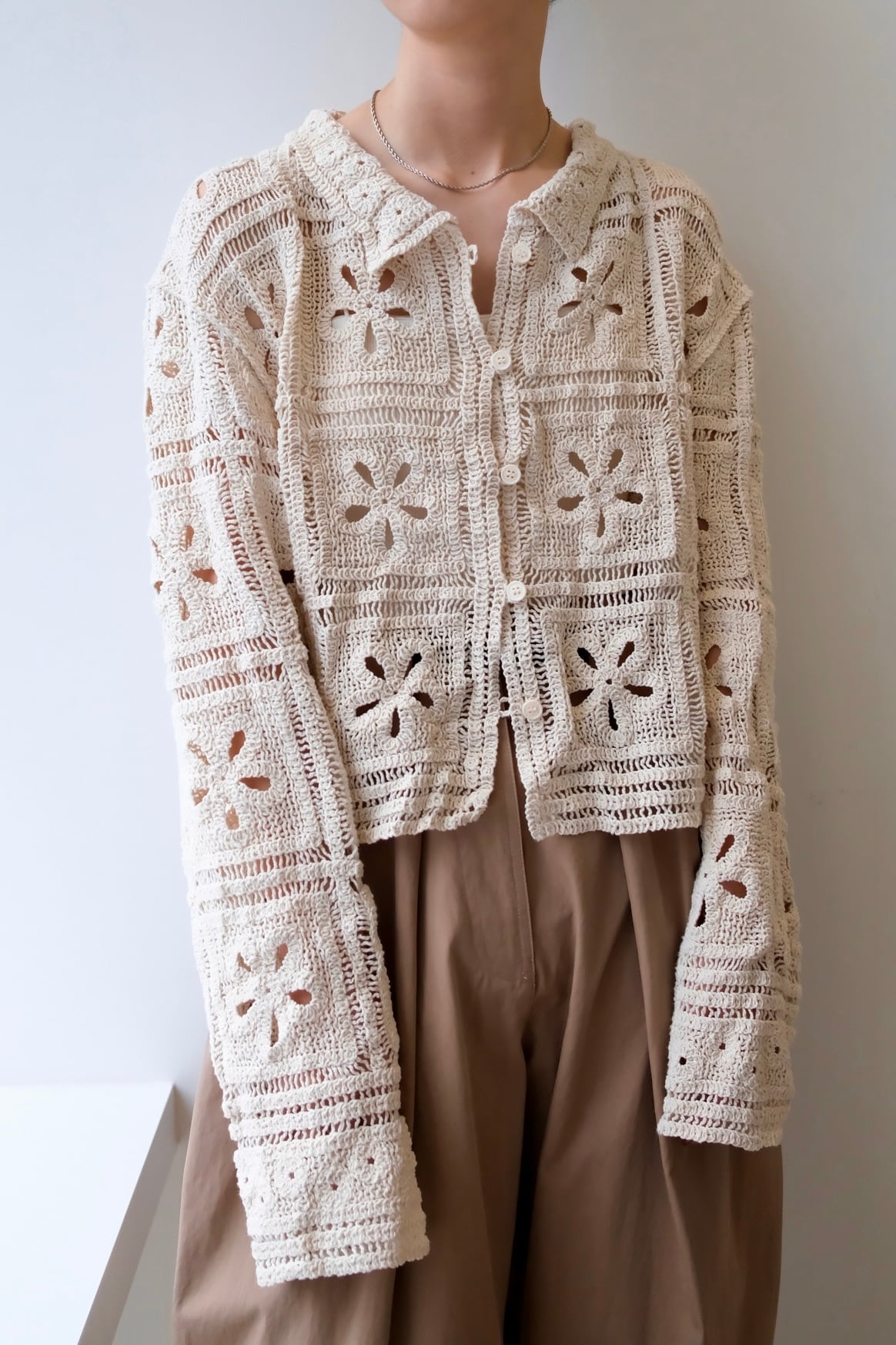 Crochet Knit Cardigan カギ編みニットカーディガン White | planet3rd