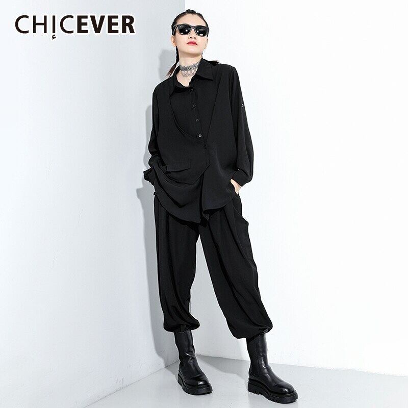 CHICEVERパッチワークツーピースセットレディースラペルカラー長袖不規則裾トップウエストワイドレッグパンツ2020タイド ロング ワイドパンツ 6base543078335011
