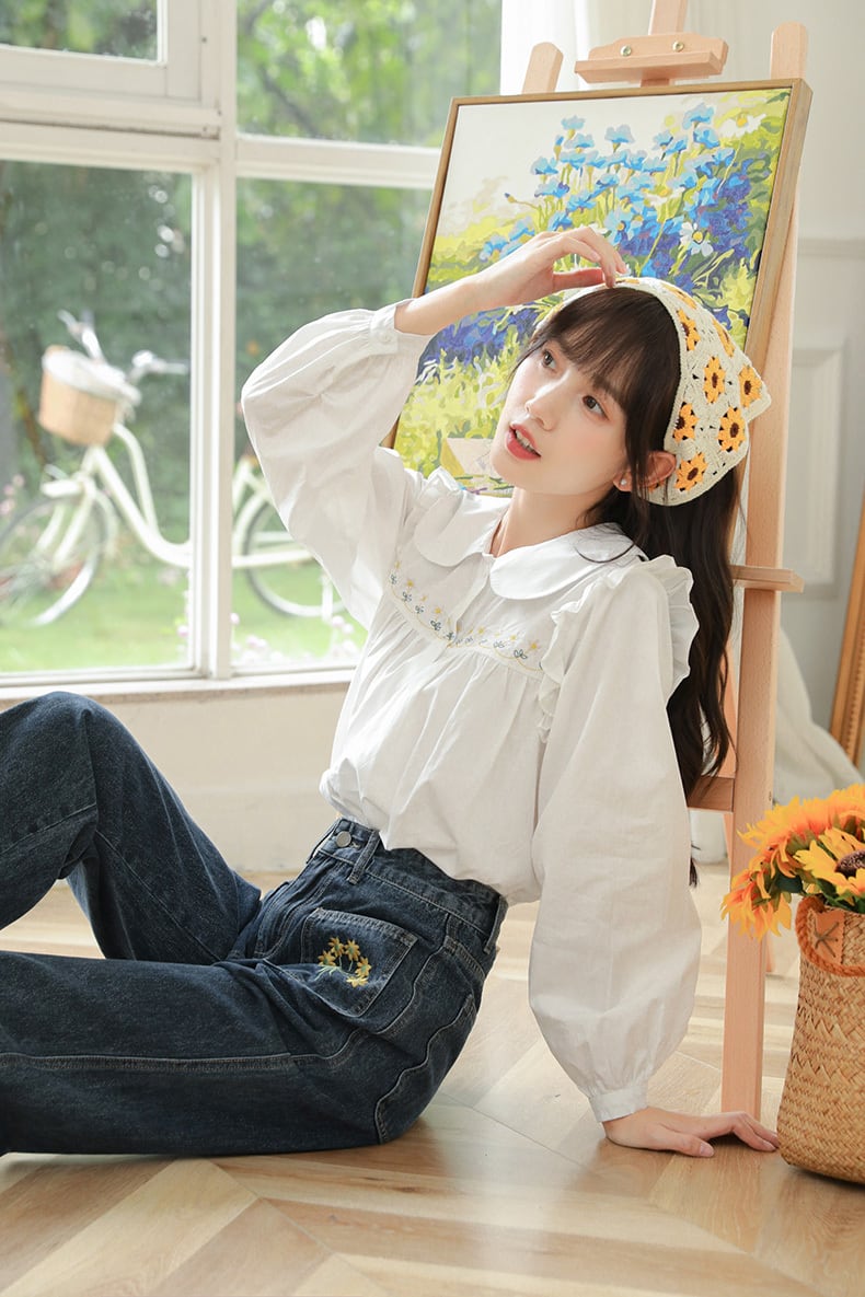 FLOWER EMBROIDERED WIDE JEANS サイズ1 FLOWER EMBROIDERED WIDE JEANS サイズ1