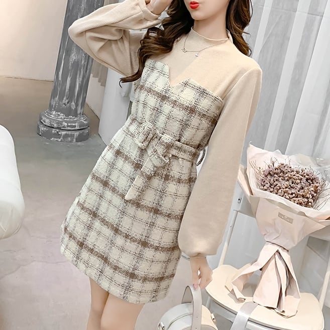 ワンピース レディース ミディアム丈 パフスリーブ ハイネック ドッキングワンピ 細身 Iライン 切り替えデザイン ウエストマーク ハイウエスト 伸縮性 ポリエステル かわいい 大人可愛い きれいめ シンプル カジュアル 大人 おしゃれ 大人女子 ラブリー キュート ガーリー エレガント 送料無料 S M L XL ベージュ 格子柄 秋 冬 謝恩会 クリスマス バレンタイン 10代 20代 OL 通勤 学生 デート お出かけ 女子会 着回し 普段使い 韓国系 ファッション スタイル モテ トレンド 流行