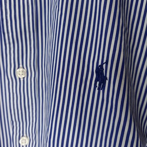 ポロラルフローレン　コットンシャツ　刺繍ロゴ　同色ロゴ　ストライプ　ネイビー　L
