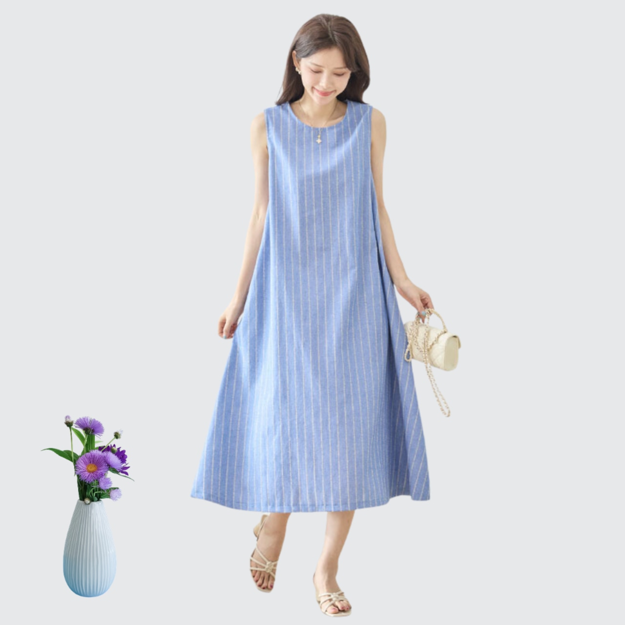 TRUBE Aラインノースリーブコットンマキシワンピース【M~L】ブルー