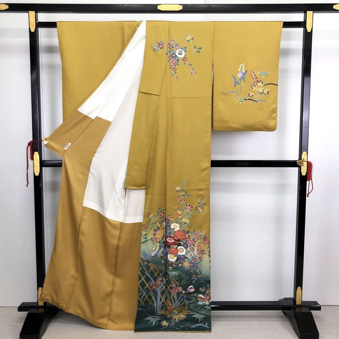 K-3079 訪問着 螺鈿作家 藤本隆士 美しい花車 鴛鴦 黄櫨色 トールサイズ-