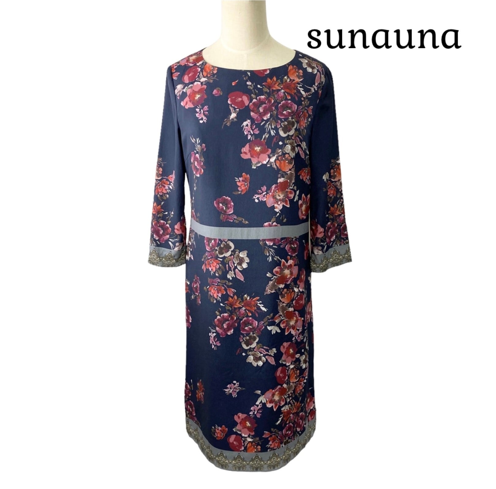 中古 スーナウーナ SUNAUNA 七分丈 花柄 ワンピース ネイビー ...