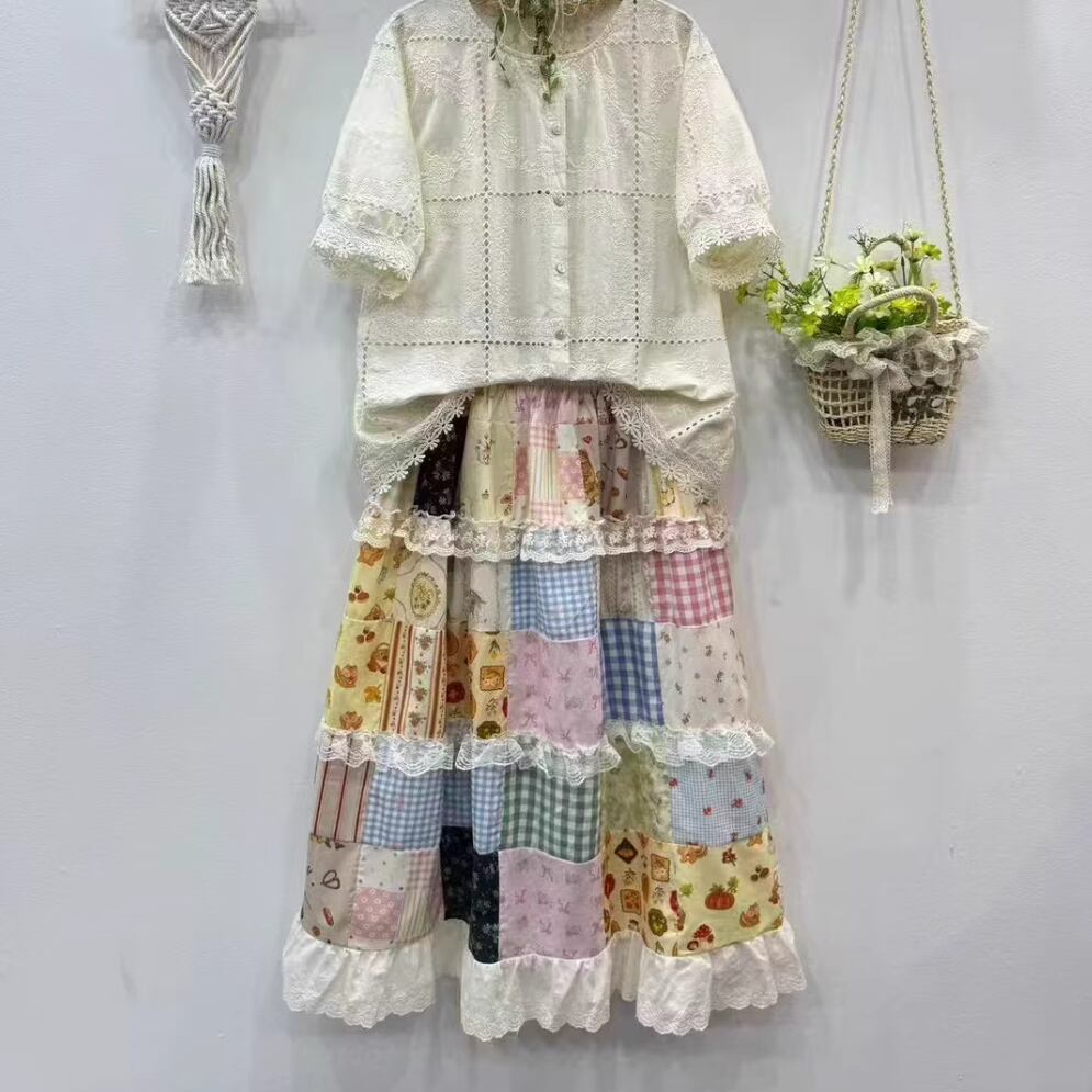 レース貼りランダムパッチワークスカート ・7402 | Lehtia