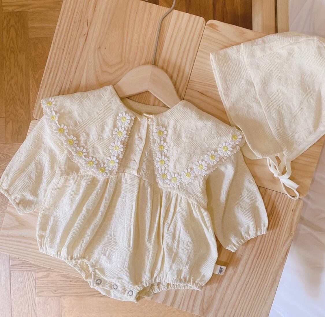 マーガレットコットンロンパース》》》》ベビー スクエアカラー 海外子供服 プチプラ ホワイト 春