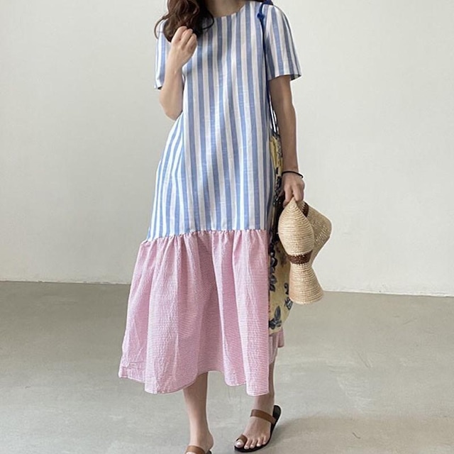 ロングワンピース ストライプ バイカラー 切り替えデザイン 可愛い 個性的 ドッキング ワンピース ドレス レディース 半袖 フレア ギャザー ボーダー 青 ブルー 白 ホワイト ピンク オシャレ きれいめ 薄手 サマーワンピ 袖あり ラウンドネック