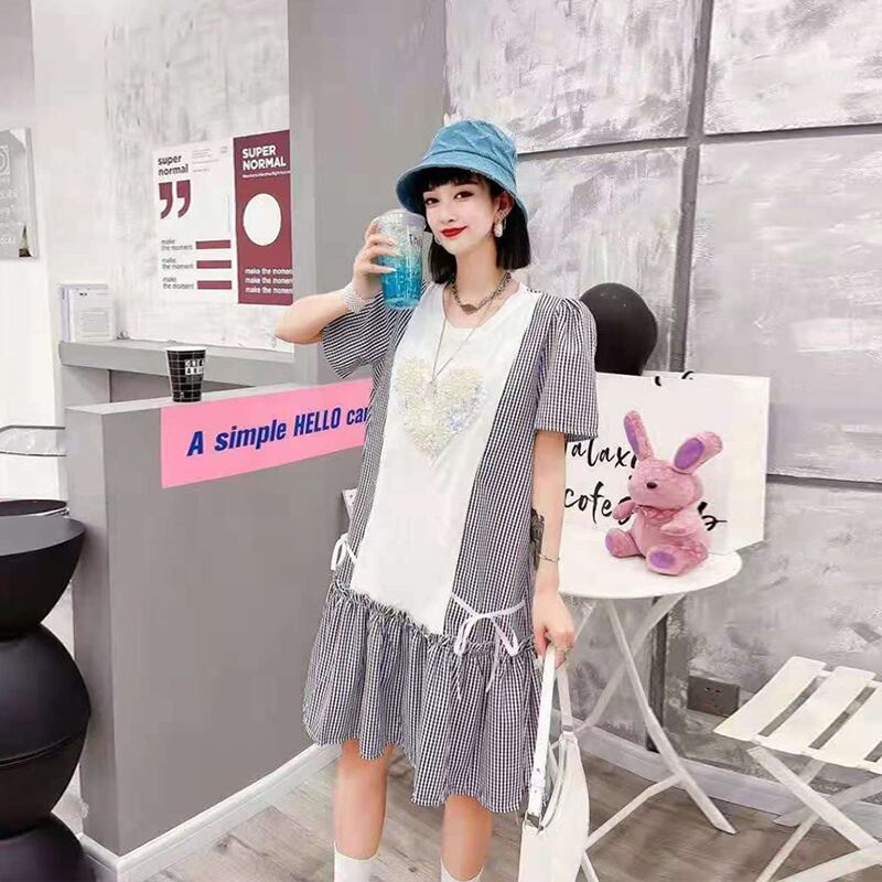 スタイル格子柄ドレス トップス 半袖スリーブサマー ショート ハーフスリーブ 大きめサイズ 夏物 ステッチ ミックスインファッション77868323688