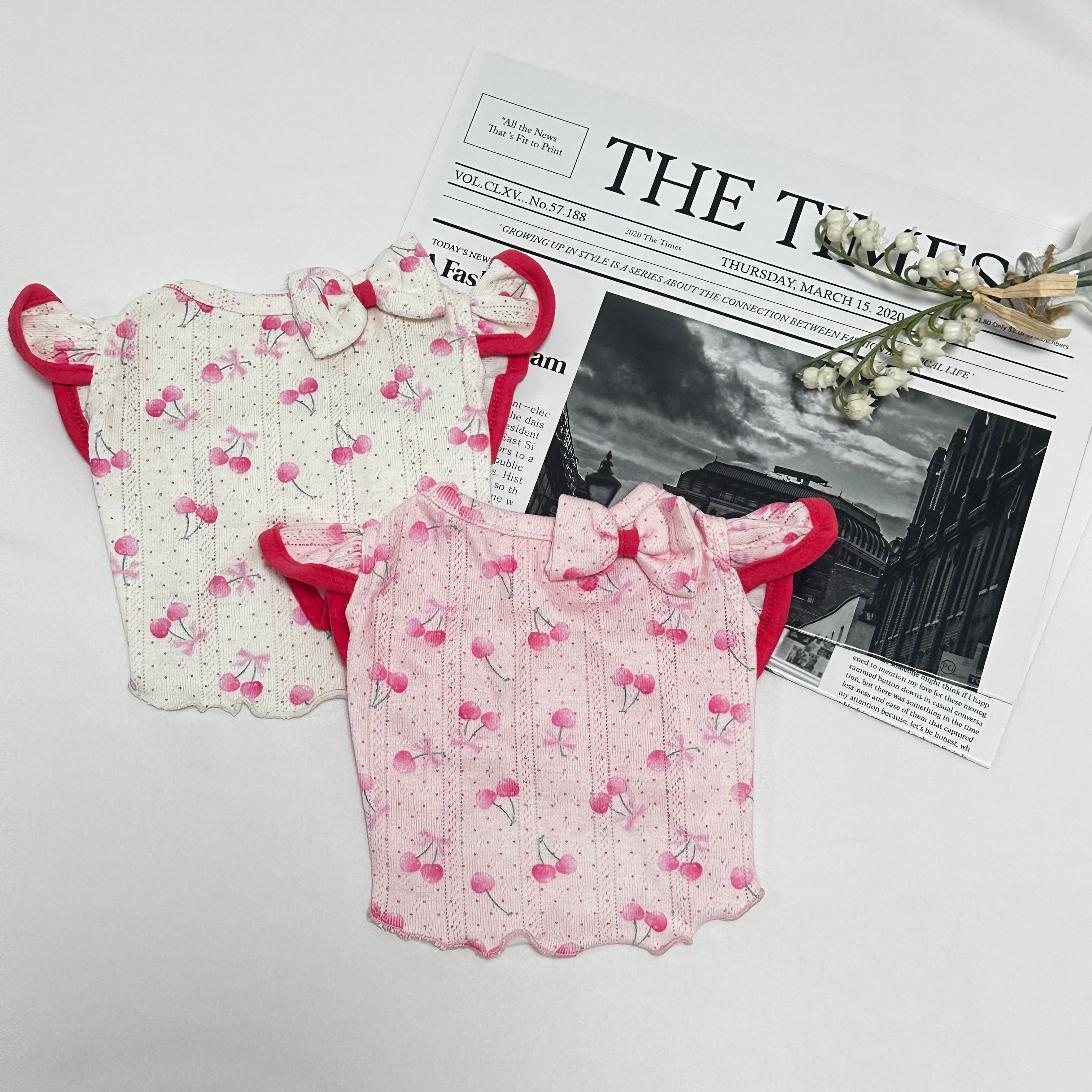 cherry blossom t-shirt S ~ XL 2color / 犬服 春夏 新作 ドッグウェア トップス ブラウス フリル チェリー柄 可愛い 犬の服 お揃い 小型犬 中型犬 ペット用品 ペット洋服