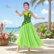 フラダンス 衣装 ALOHA STANDARDS アロハスタンダード ワンピース ドレス グリーン系 植物柄 花柄 リボン チュール オーガンジー生地 ハワイアンプリント ハワイアン アロハ フラ ダンス レッスン 練習 ハワイアンダンス 黄緑 緑 透け感 シースルー ボリューミー 華やか 鮮やか かわいい おしゃれ アシンメトリー