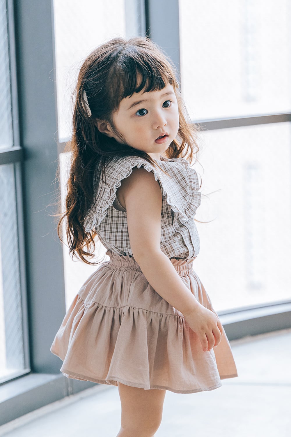 未使用近バーバリーチルドレン ノースリーブフリルブラウス美品ベージュメガチェック ビッグ襟ノースリーブブラウス〈beige check〉 | Coquette