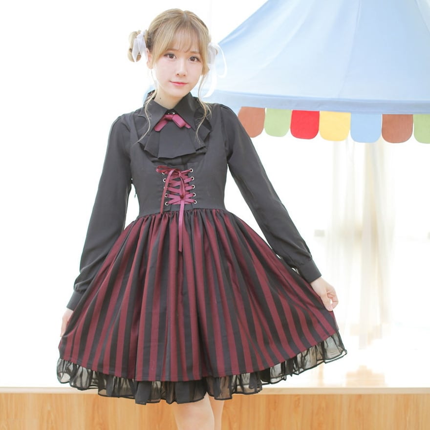 サブカル 服 地雷系 通販 ロリータ JSK レースアップ ストライプ柄 JKファッション ソフトロリータ 普段着使い