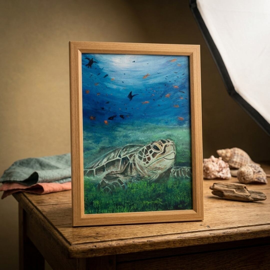 油絵 絵画 【海森のウミガメ】 油絵 原画『光射す深海へ〜癒やしのウミガメ〜』額縁付き 絵画 海