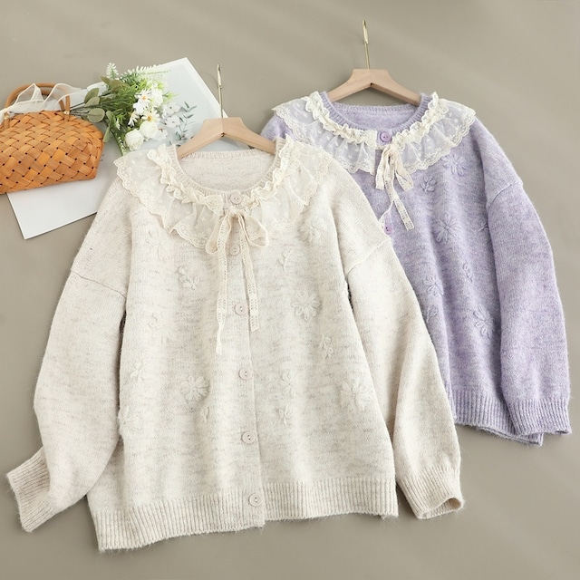 レース襟ラウンドネックカーディガン W1604