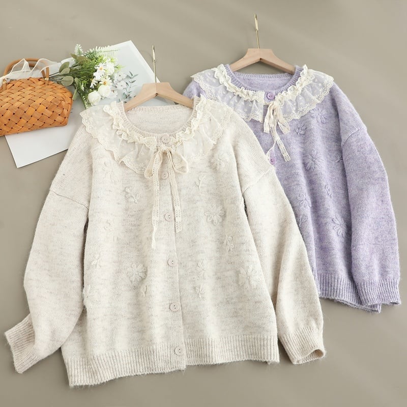 レース襟ラウンドネックカーディガン W1604