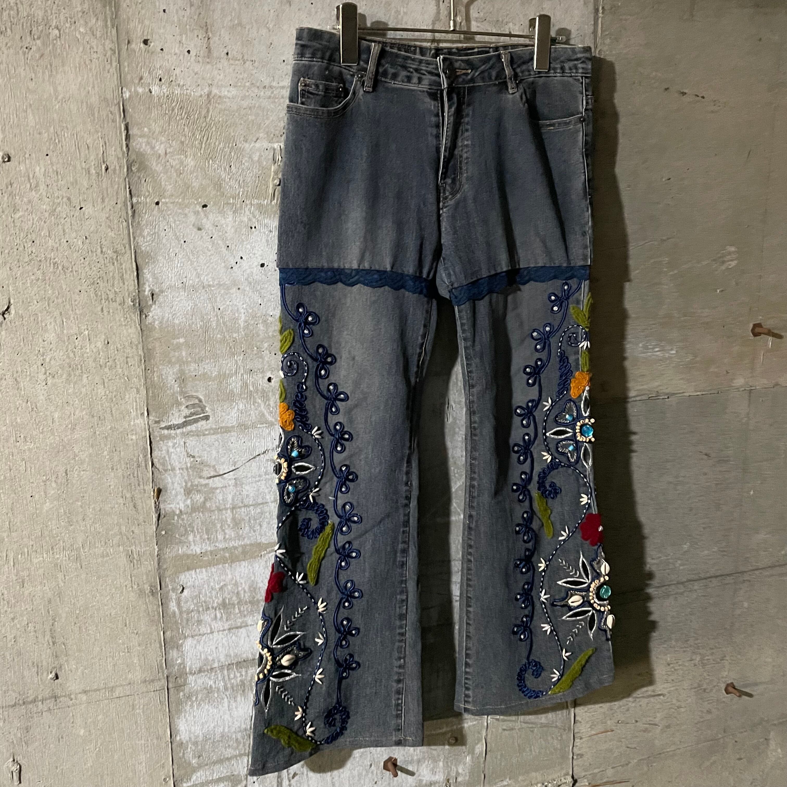 vintage〗flower beads embroidery Y2K design bootscut flare vintage〗flower beads embroidery Y2K design bootscut flare