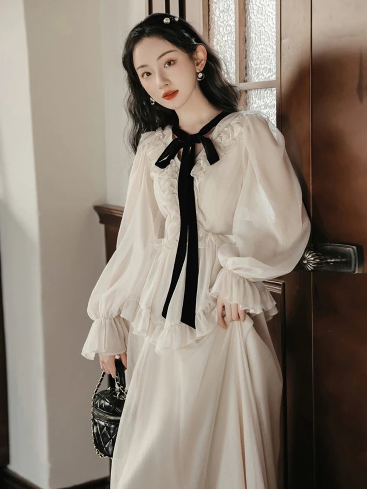 【0251】Maxi Length Frill Flare Long Sleeve Dress