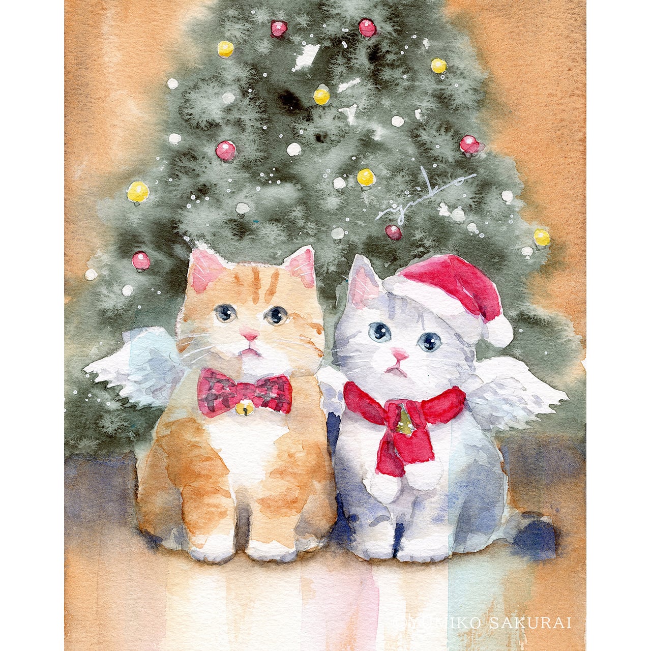 『小悪魔天使』原画一点物 絵画 手描き 癒し 猫 うさぎ 額縁付き アート作品 原画「お祝いの夜に」 F10号 #絵画 #ねこ #猫 #白猫 #天使猫 #花束