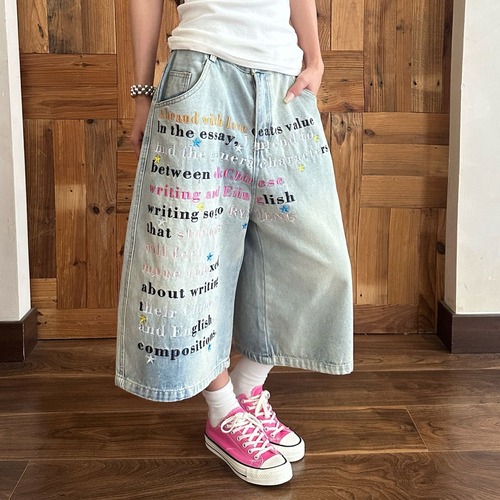 レタリングスターグラフィックワイドラインデニムパンツ 1col   R02372