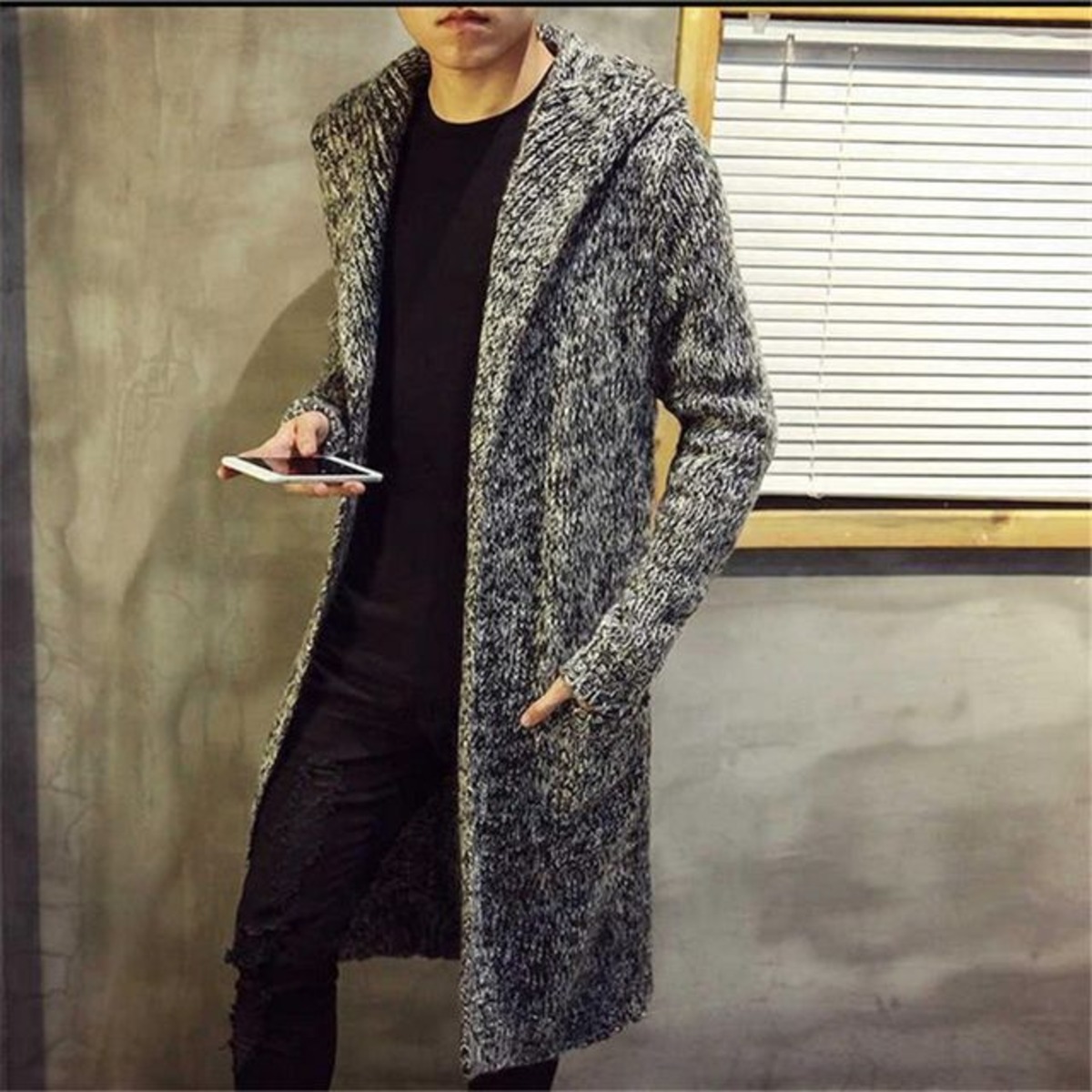 予約販売】ニットコート カーディガン ロング丈 フード付き メンズ 