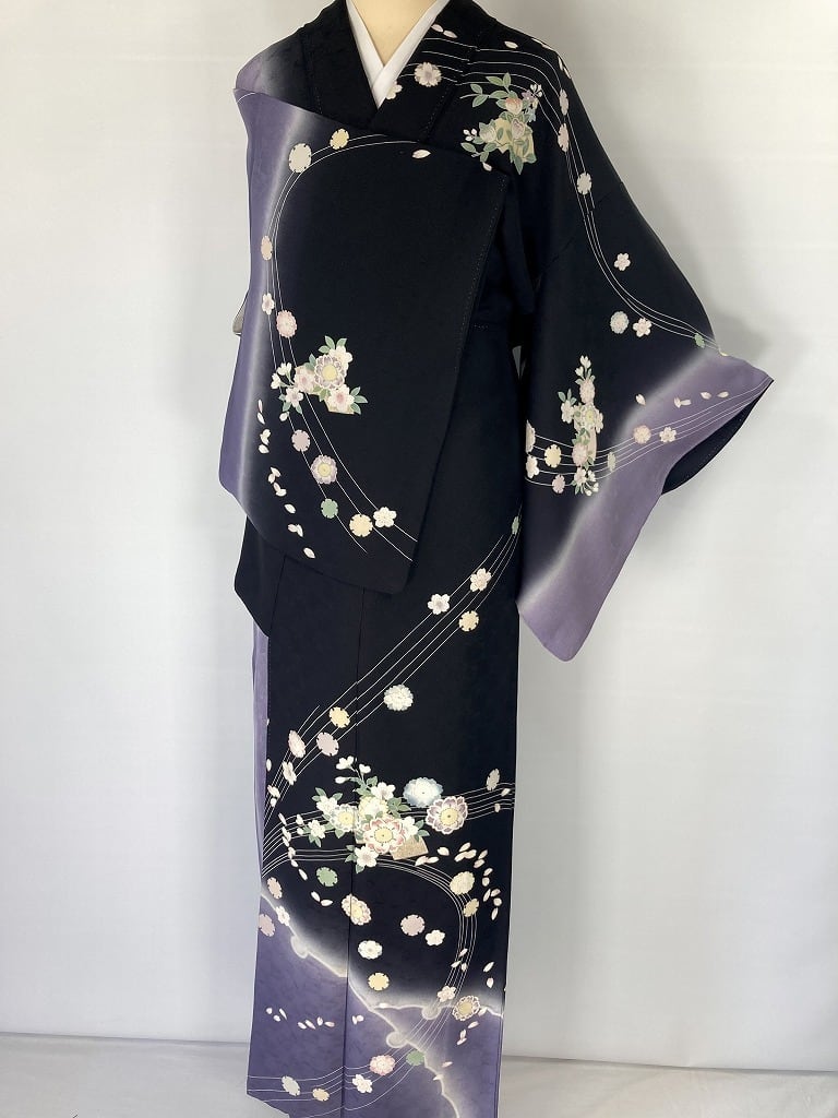 京友禅 金駒刺繍 雪輪 桜 花柄 訪問着 袷 正絹 黒 紫 1159 | kimono Re