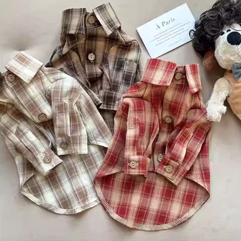 おしゃれチェックの長袖シャツ 犬服 00461