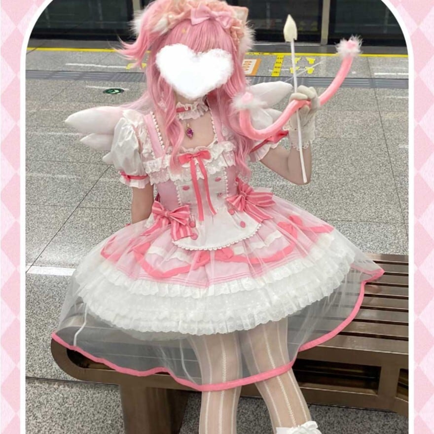 甘いピンクリボンロリータワンピース　2021　シフォン　アイドル衣装 甘いピンクリボンロリータワンピース 2021 シフォン アイドル衣装