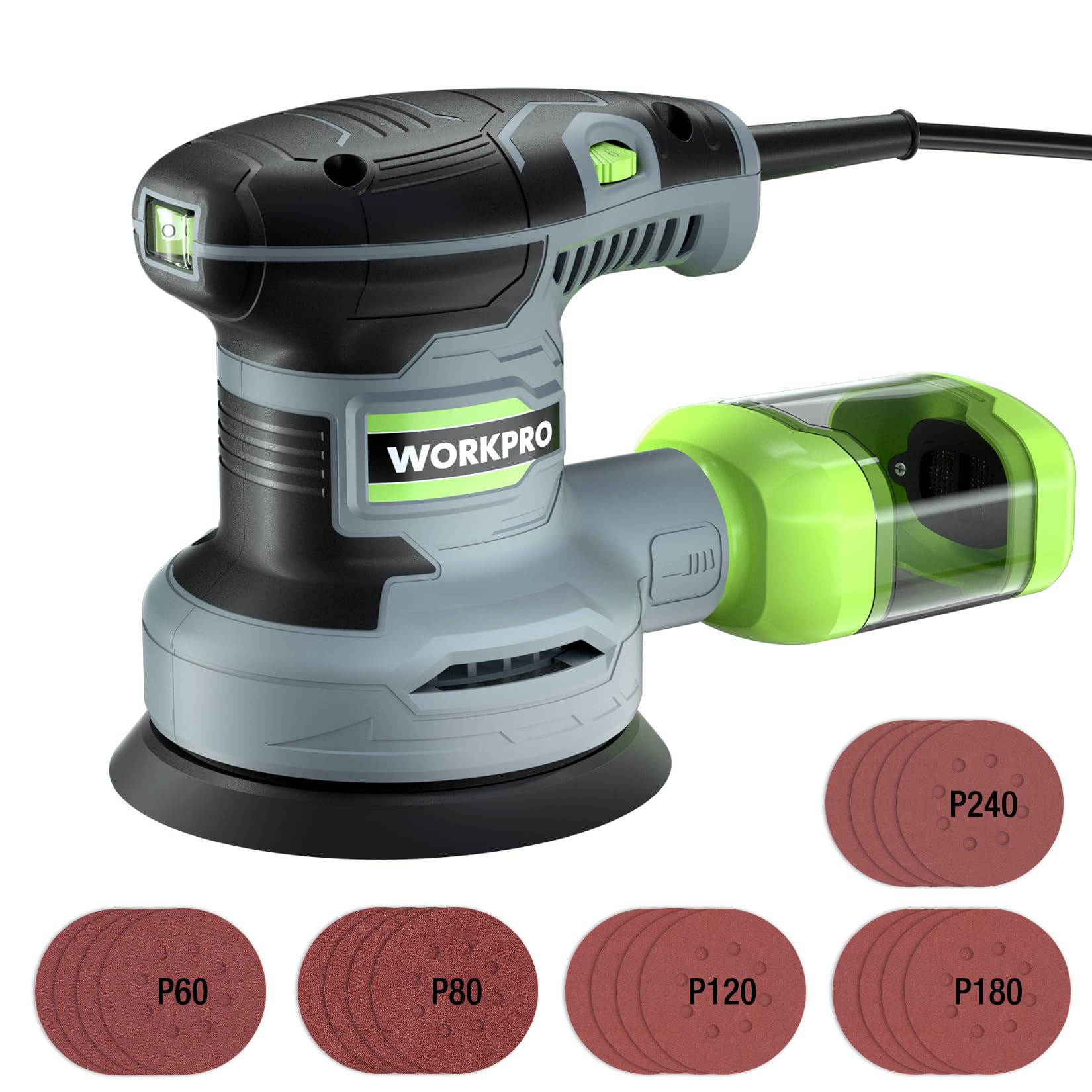 WORKPRO サンダー ランダムサンダー 13000RPM 6段階調速 高集塵システム マジックテープ式 サンドペーパー20枚 仕上げサンダー DIY日曜大工 木工作業 研磨 仕上げ 荒削り 日本語取扱説明書