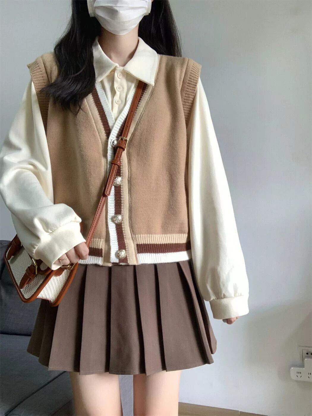 カレッジ風 シャツワンピ プリーツスカート 格子柄 タイ付き 塩田カレッジスタイルシャツニットベストプリーツスカート3点