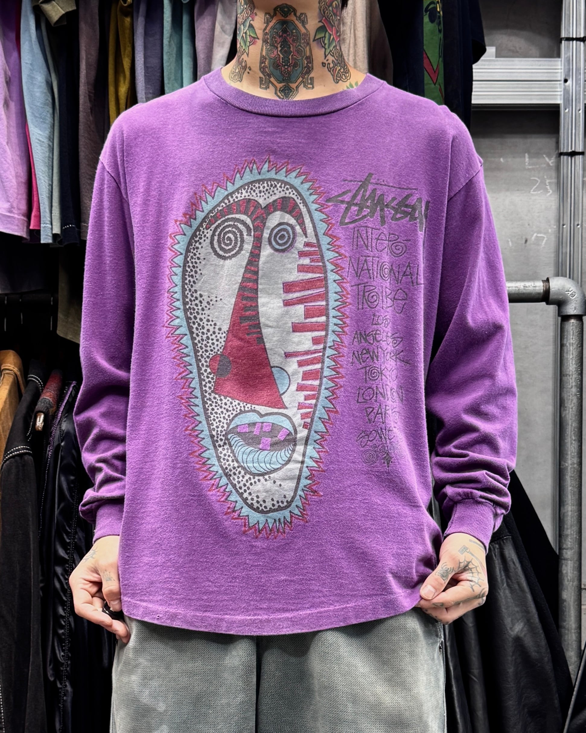 80's~90's old stussy Mock Neck Design Long Sleeve Tee “黒タグ