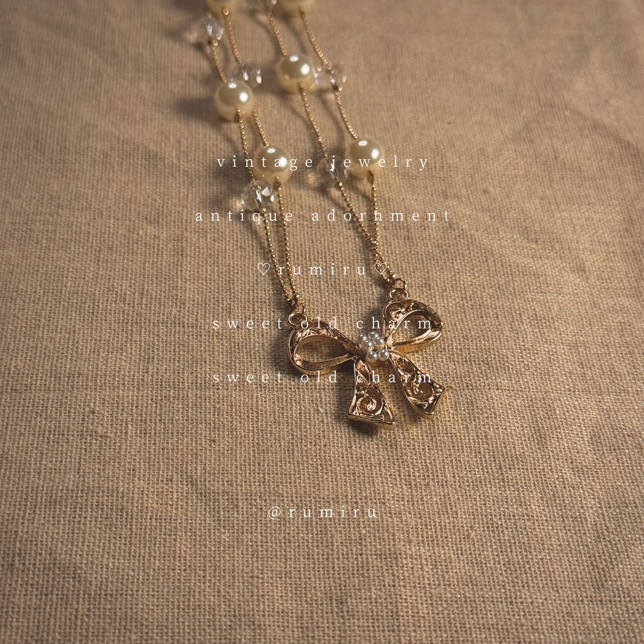 ハンドメイド ヴィンテージ 蝶々と真珠 リボン ネックレス - 4