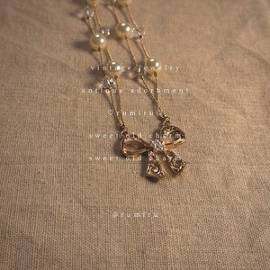 ハンドメイド ヴィンテージ 蝶々と真珠 リボン ネックレス