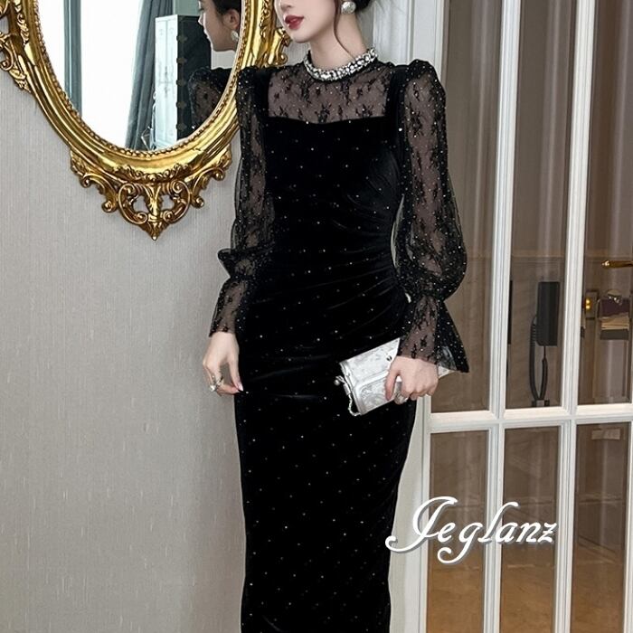 ビジュー付き ベルベット調 ワンピース 異素材 刺繍 レース 光沢感(MB094)★ η