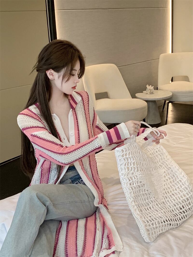 ストライプセーター カラールーズスタイルカーディガンジャケット オータムニットトップス ロング 秋物 ブラックストロベリース48050675426