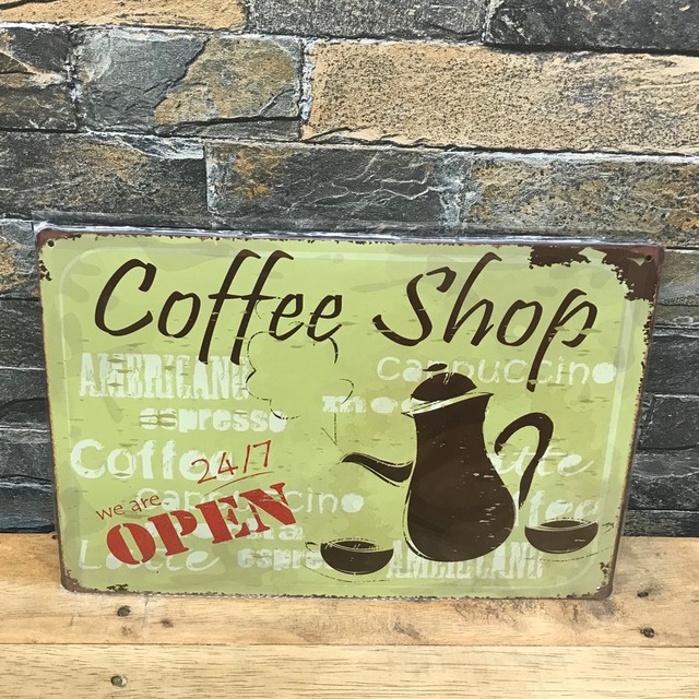 coffee カフェ風 コーヒー open  オープン プレート ブリキ インテリア雑貨