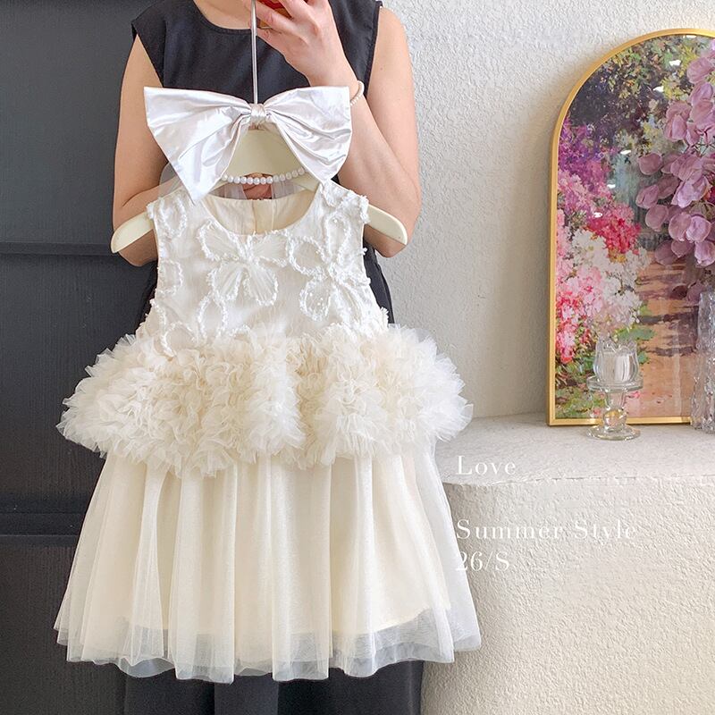 【予約販売】90-140cm ✨ 韓国子供服 フラワー レース チュール ドレス リボン チュールベール 付き ワンピース プリンセス 発表会 結婚式 誕生日 女の子 アイボリー ♡