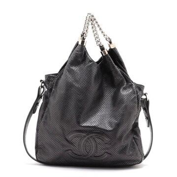 Extremely Rare ◇ CHANEL Coco Logo Perforated Leather 2-Way Shoulder Bag / Tote Bag - Black & Silver - Unisex