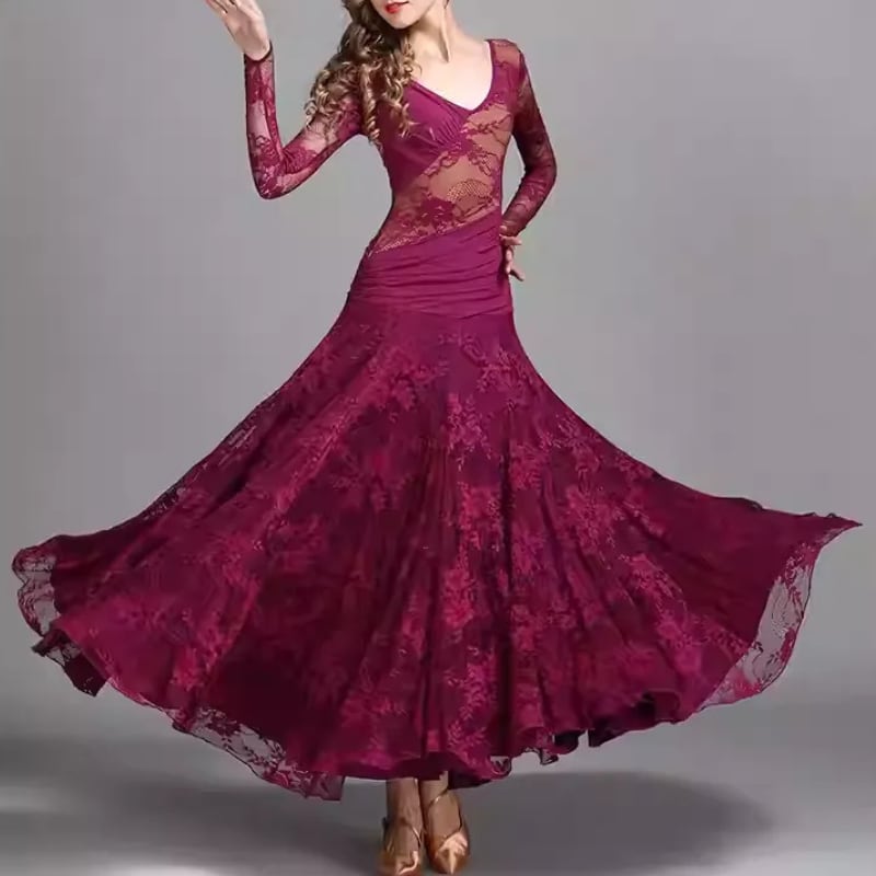 Vネック レーススリーブ スカラップヘム ダンスドレス 3col D00501