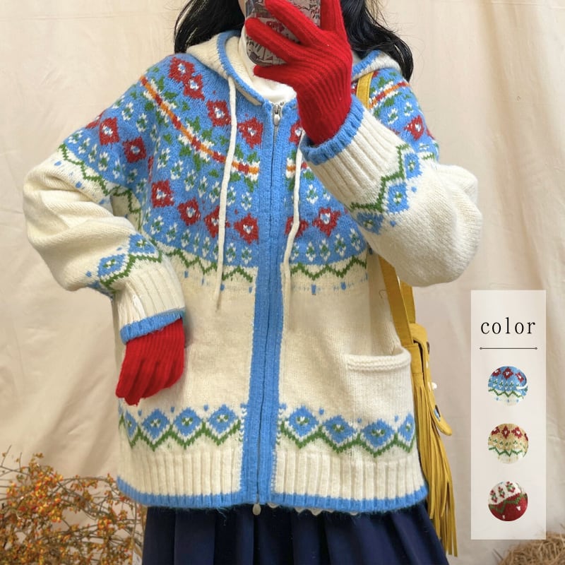 花柄フード付きジッパーニットカーディガン W1611