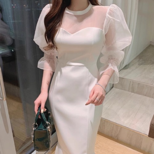 パーティードレス レディース 演奏会ドレス 結婚式ドレス ワンピースドレス ロングワンピース シースルー フィッシュテール メッシュ ボリューム袖 きれいめ エレガント お呼ばれ フォーマル 二次会