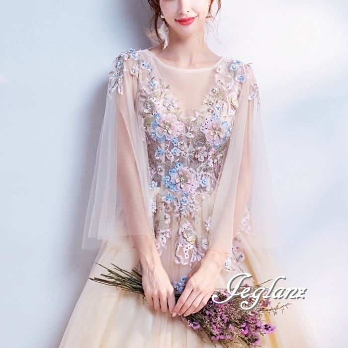 ウエディング カラードレス ボリューム チュール 立体フラワー 透け感 7分袖(M7889)π