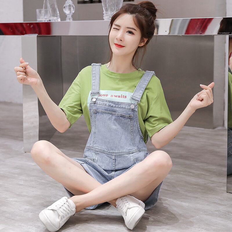 【新作】【送料無料】 マタニティウェア2020夏の新しいカジュアルデニムカールサスペンダーショーツ+半袖Tシャツトレンディなマタニティスーツ-アリババ サマー 夏物 ブルマー expec293966624499