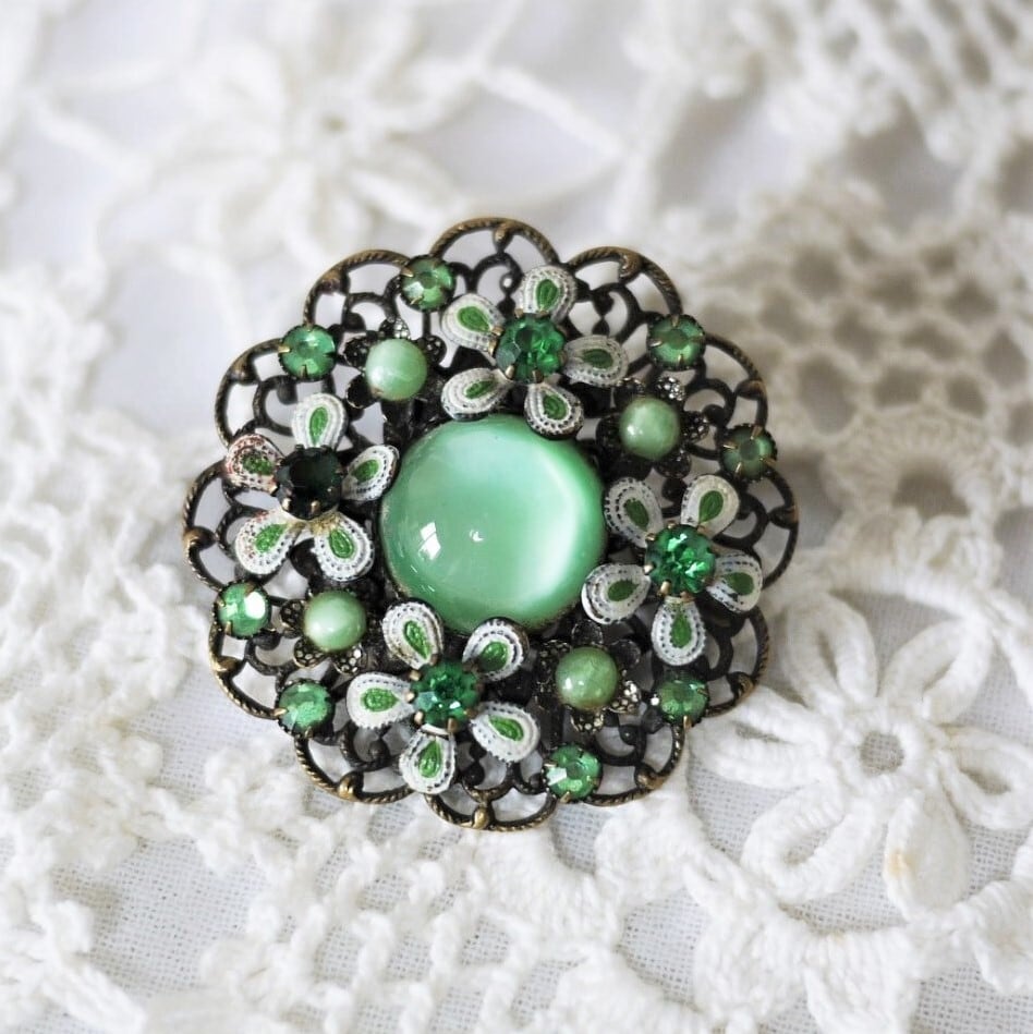 緑の花ブローチ ドイツヴィンテージ フィリグリー