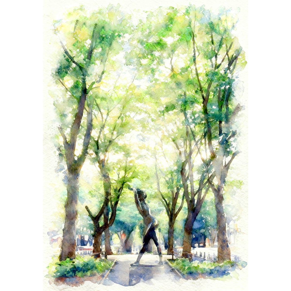 絵画 風景画(街並み) 日本 宮城県 仙台 新緑の定禅寺通 インテリアアート額付き 水彩画・油絵風 WAT1506