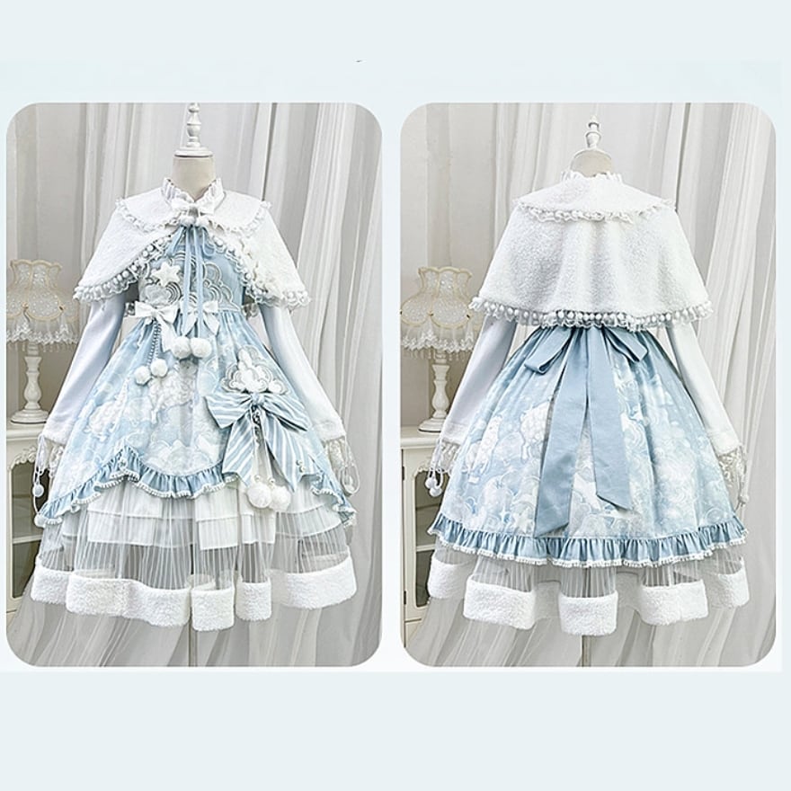 甘ロリ｜雲モチーフJSK＋ブラウス＋ケープ3点セット（ブルー）撮影会