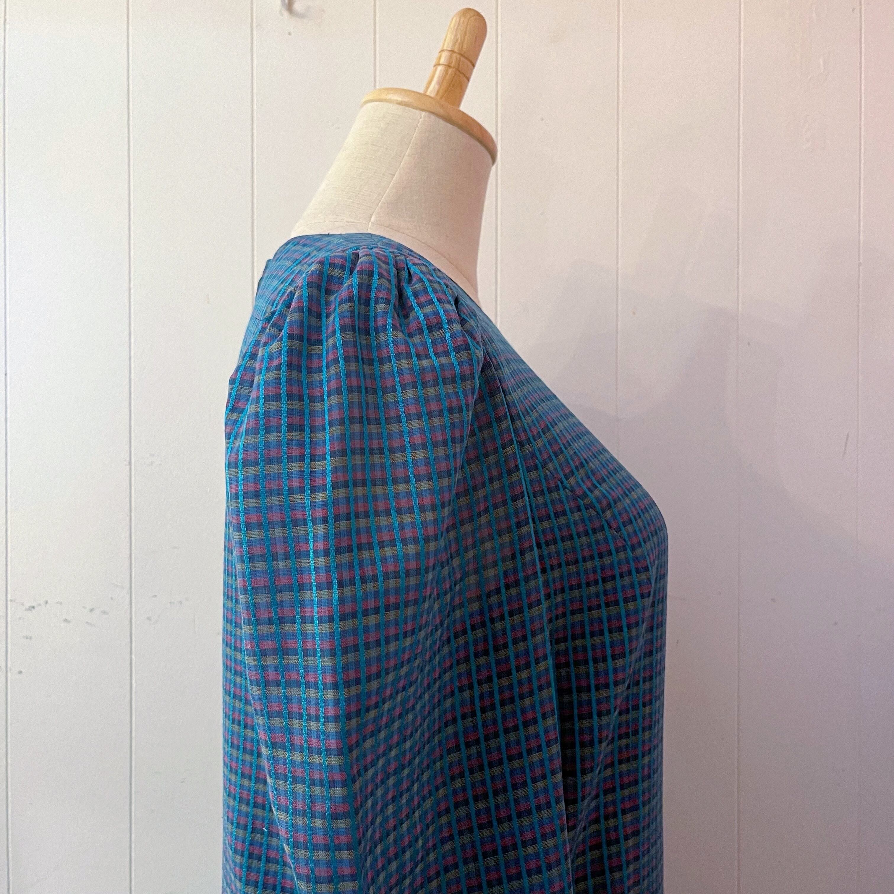 blue pink check low waist one-piece