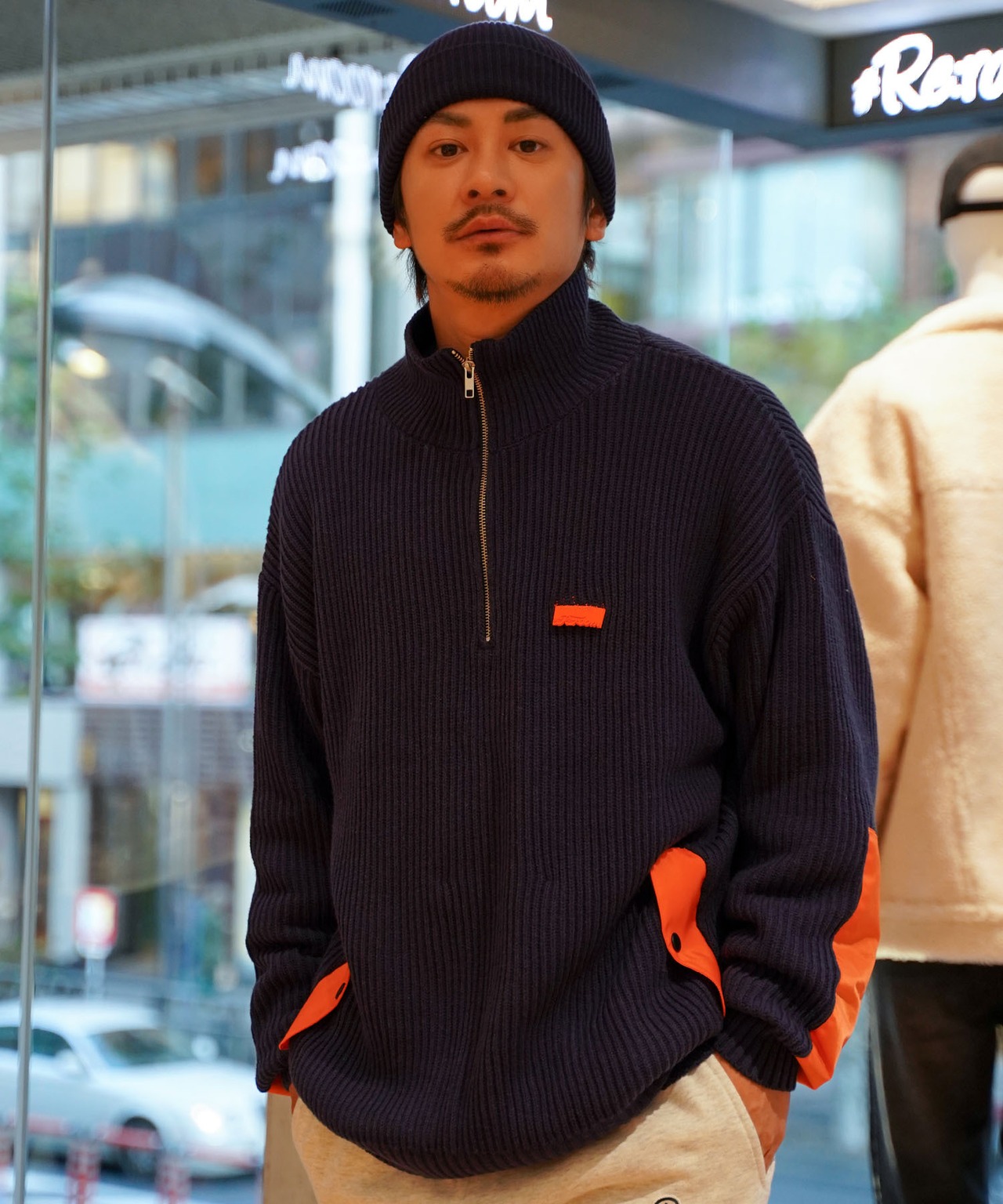 【#Re:room】NYRON PATCH HALF ZIP BIG KNIT［REK128］