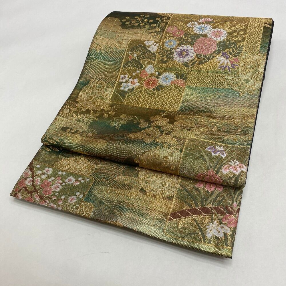 中古 礼装袋帯 正絹 草花 六通柄 グリーン Aランク 426cm 6040